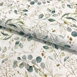 Cotton fabric Eucalyptus leaves white digital print