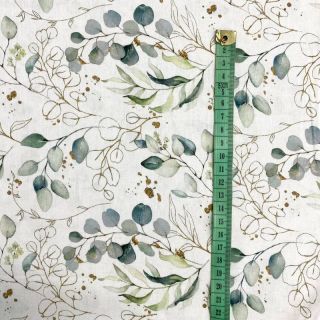 Cotton fabric Eucalyptus leaves white digital print