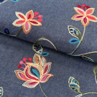 Cotton fabric JEANS EMBROIDERY Meadow border indigo