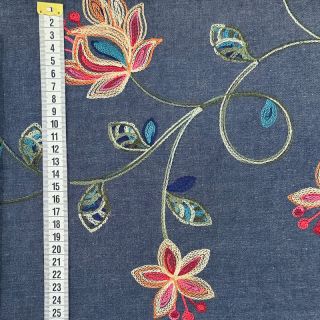 Cotton fabric JEANS EMBROIDERY Meadow border indigo