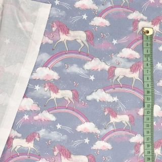 Cotton fabric Unicorns and rainbows denim digital print