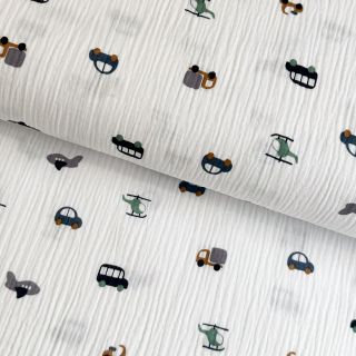 Double gauze/muslin Vehicles white digital print ORGANIC