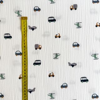 Double gauze/muslin Vehicles white digital print ORGANIC