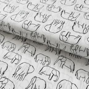 Cotton fabric Elephants line Art Snoozy white