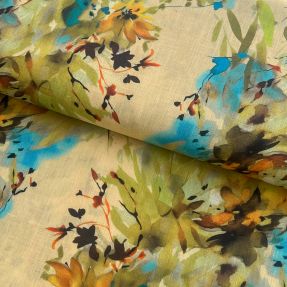 Linen cotton Faded flowers RAMIE green digital print