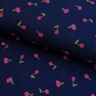 Double gauze/muslin EMBROIDERY Cherries navy