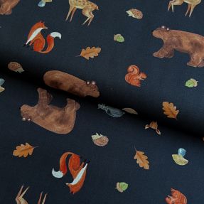 Cotton fabric Animals in the wood navy digital print