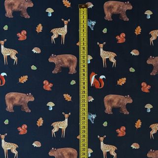 Cotton fabric Animals in the wood navy digital print