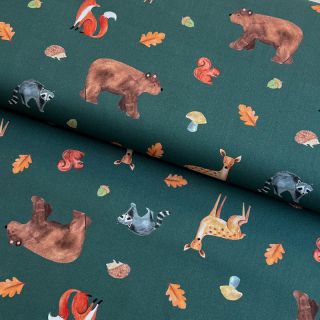 Cotton fabric Animals in the wood dark green digital print