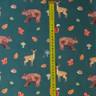 Cotton fabric Animals in the wood dark green digital print