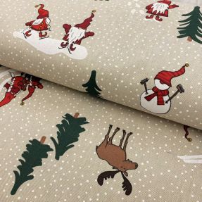 Decoration fabric Linenlook Tomte ski family