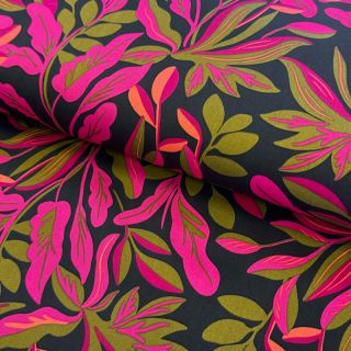 Cotton fabric SATIN NERIDA HANSEN Lush leaves jet black digital print