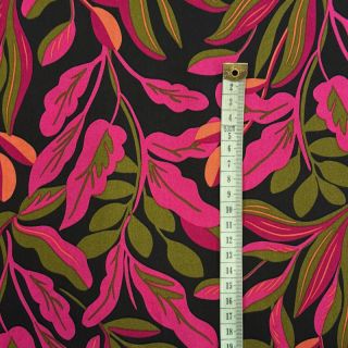 Cotton fabric SATIN NERIDA HANSEN Lush leaves jet black digital print