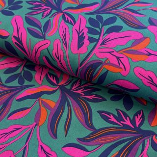 Cotton fabric SATIN NERIDA HANSEN Lush leaves petrol digital print