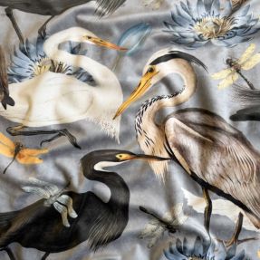 Decoration fabric VELVET Heron bird steel grey