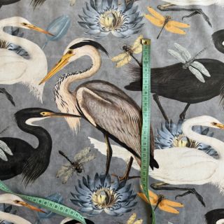 Decoration fabric VELVET Heron bird steel grey