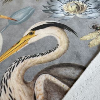 Decoration fabric VELVET Heron bird steel grey