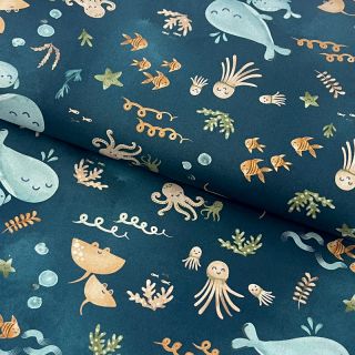 Cotton fabric Whales petrol digital print