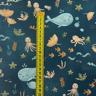 Cotton fabric Whales petrol digital print