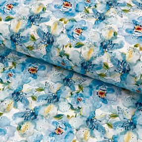 Cotton fabric EMBROIDERY Peony roses blue digital print