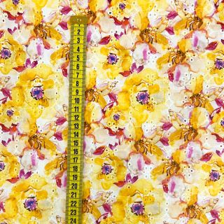 Cotton fabric EMBROIDERY Peony roses yellow digital print