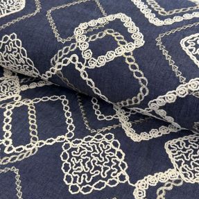 Cotton fabric JEANS EMBROIDERY Square dark blue